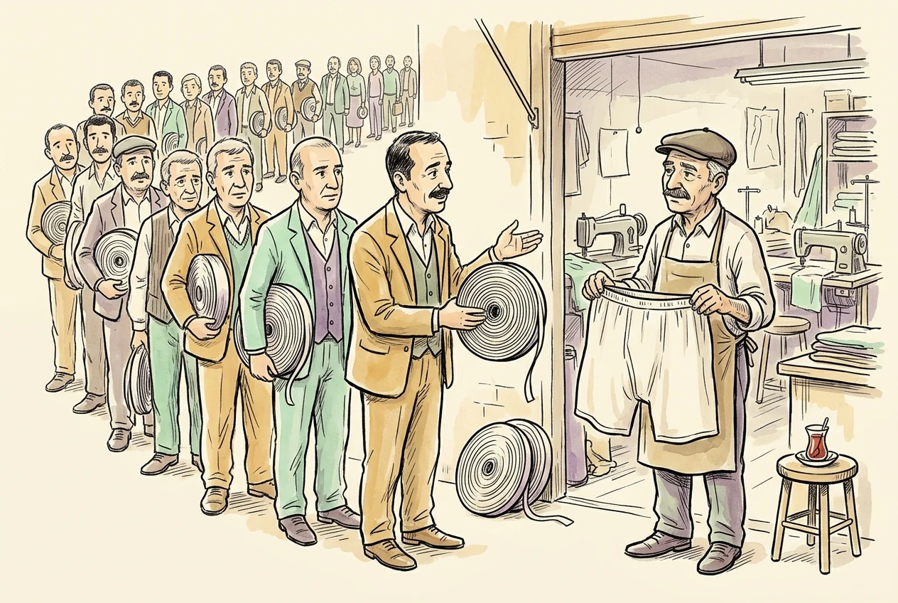 Tek iç çamaşırı üreticisine lastik satmaya çalışan üreticiler; monopson piyasası benzetmesi.