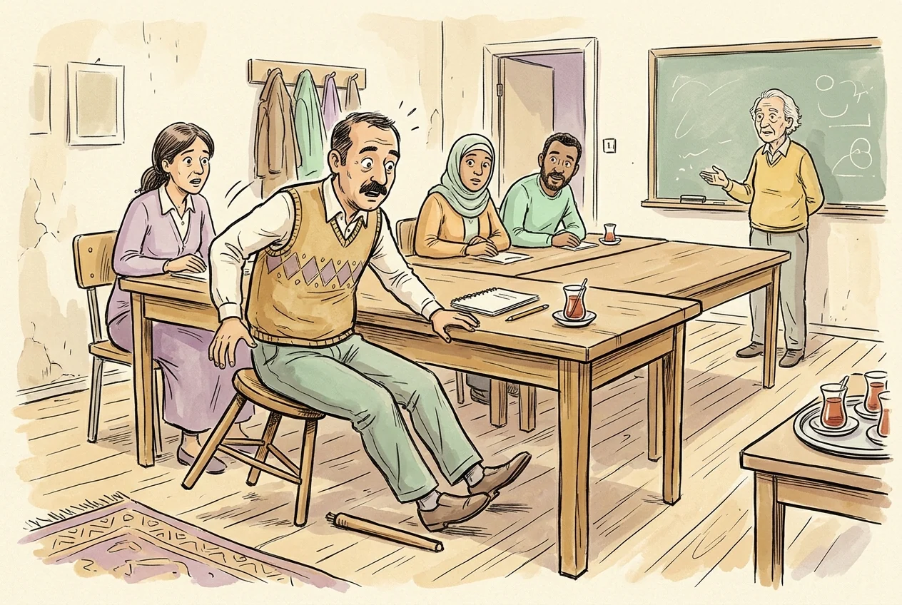 Bir ayağı eksik taburede dengesini kaybeden yatırımcı; tek analiz türüne güvenmenin benzetmesi.