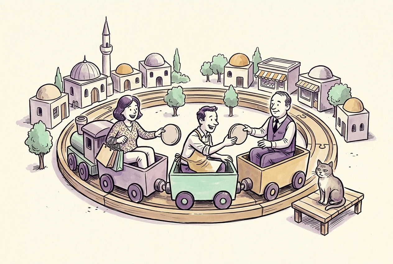 Tüketici, işletme ve kamunun harcama döngüsünü tren benzetmesiyle anlatan karikatür.