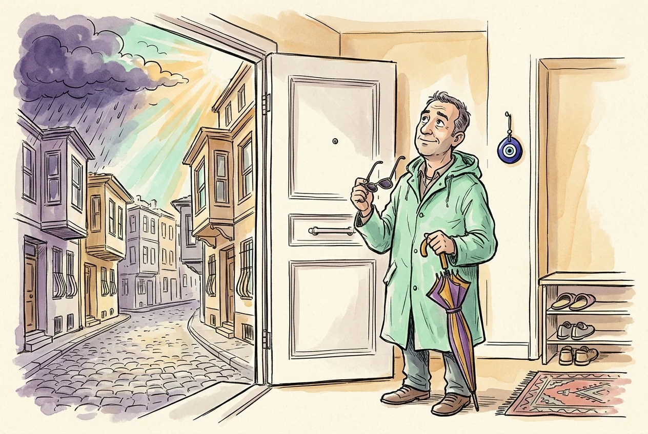 Farklı haber sonuçlarına karşı önceden hazırlık yapan yatırımcıyı anlatan karikatür.