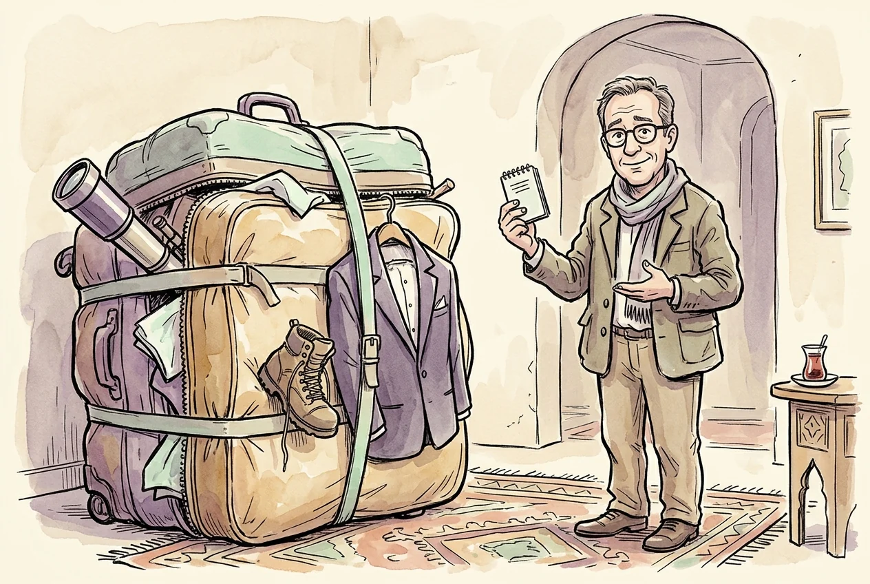 Ekonomi yolculuğu için valizini gereğinden fazla dolduran gezginin karikatürü.