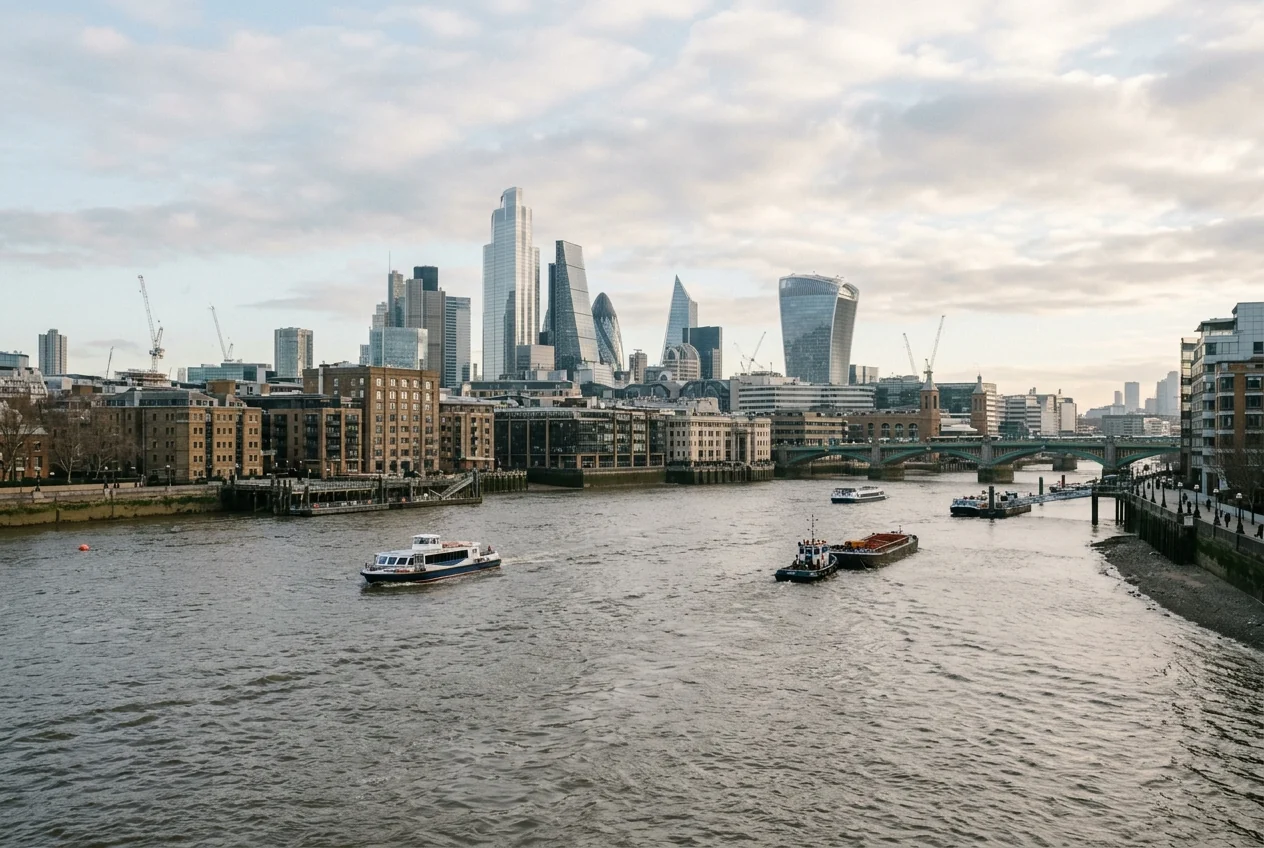 Birleşik Krallık ekonomisini temsilen Londra'nın finans bölgesi ve Thames Nehri.