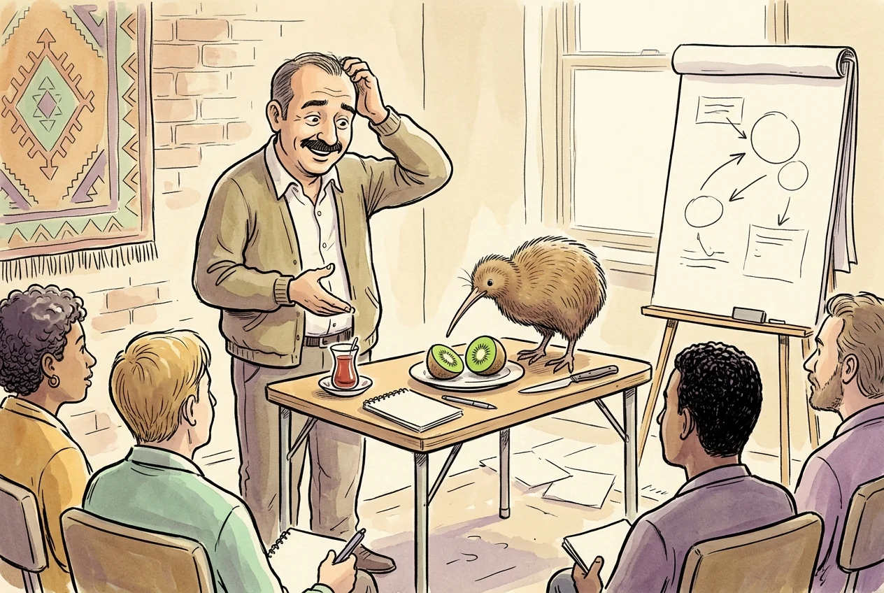 Yeni Zelanda dolarının Kiwi lakabını kuş ve meyve esprisiyle anlatan karikatür.