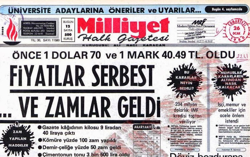 Fiyatların serbest bırakılması ve zamlarla ilgili tarihsel Milliyet gazete sayfası.