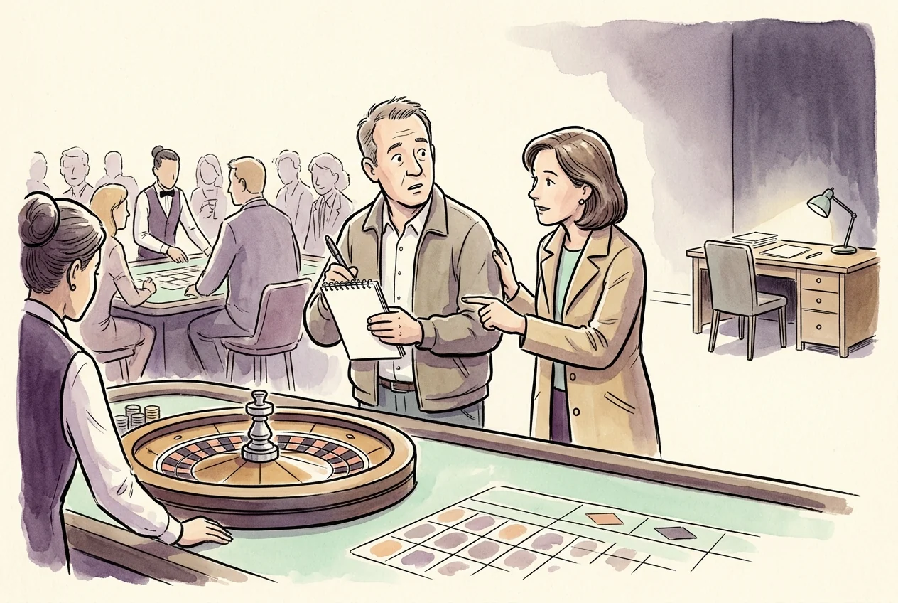 Risk yönetimi olmadan yatırım yapmayı kumarla karşılaştıran karikatür.