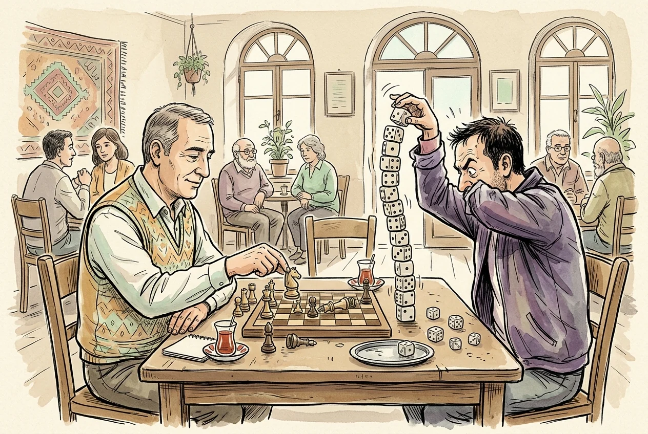 Kayıplardan sonra disiplinini koruyan oyuncu ile şansa güvenen oyuncuyu karşılaştıran karikatür.