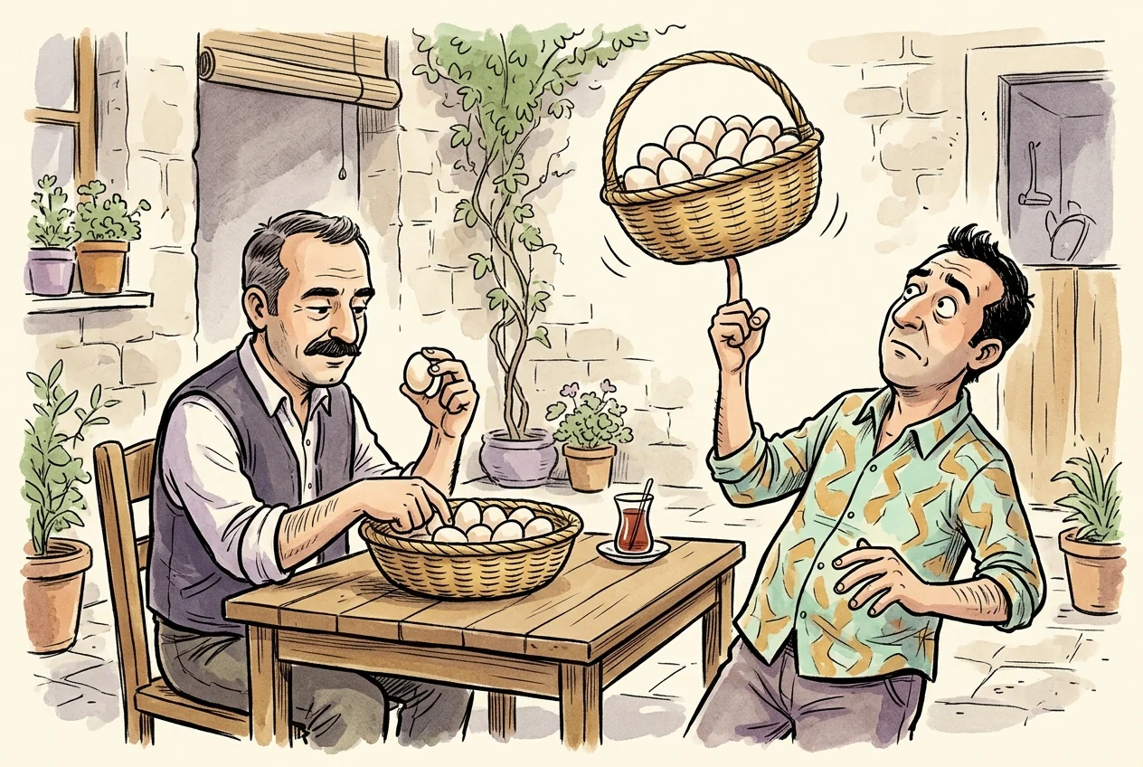 Sermayenin küçük bir kısmını riske atmakla tamamını tehlikeye atmayı karşılaştıran karikatür.
