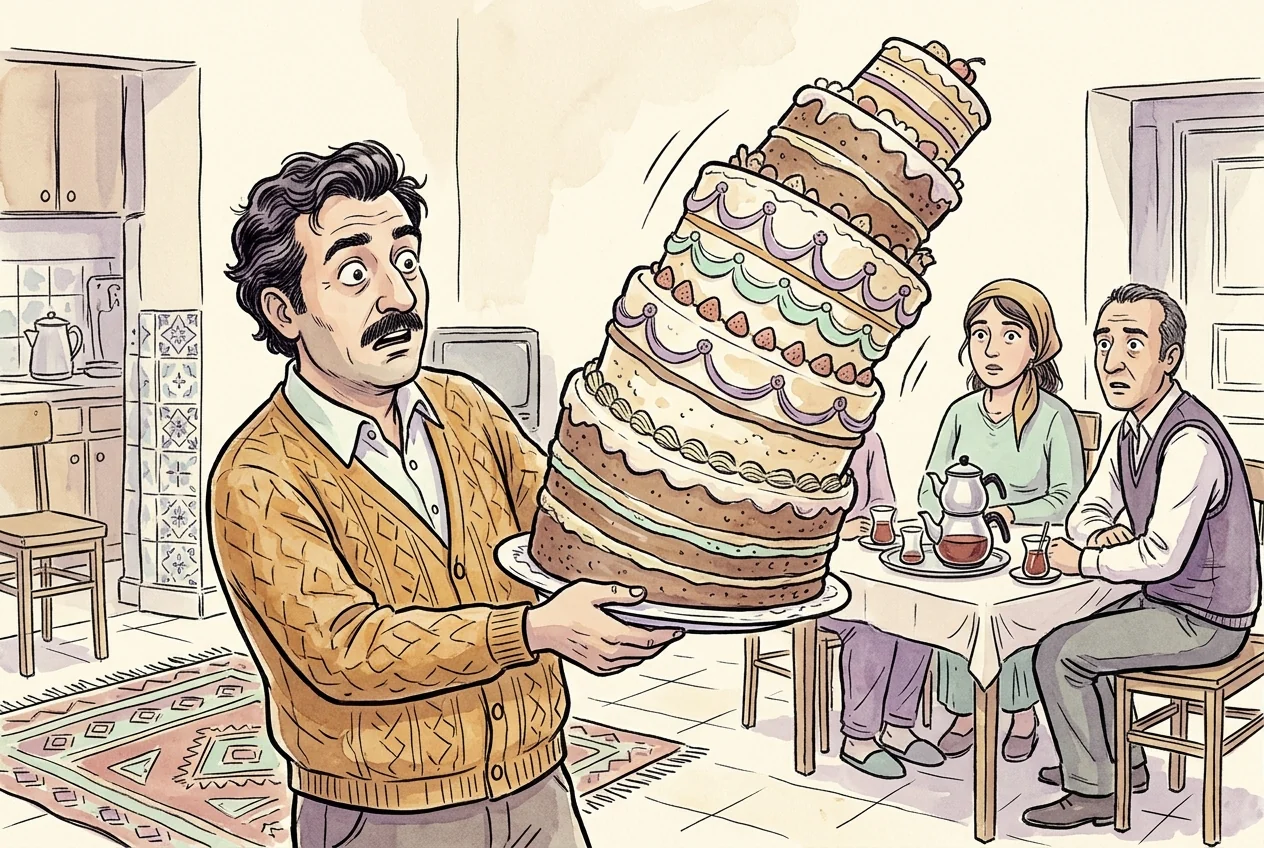 Büyük ödülün de bir bedeli olabileceğini dev pasta ve küçük tabakla anlatan karikatür.