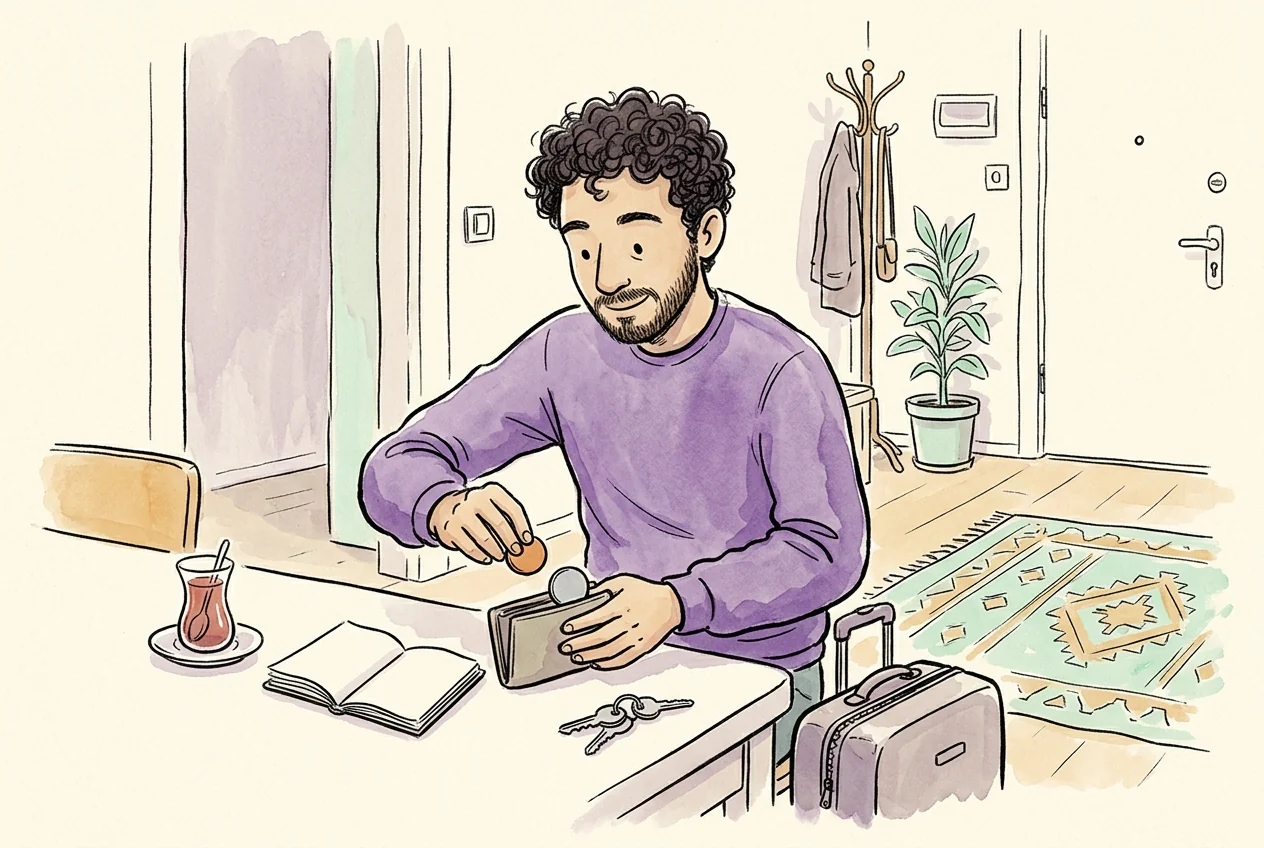 Faruk'un farklı hesap para birimleri için ölçülü hazırlık yapmasını anlatan karikatür.
