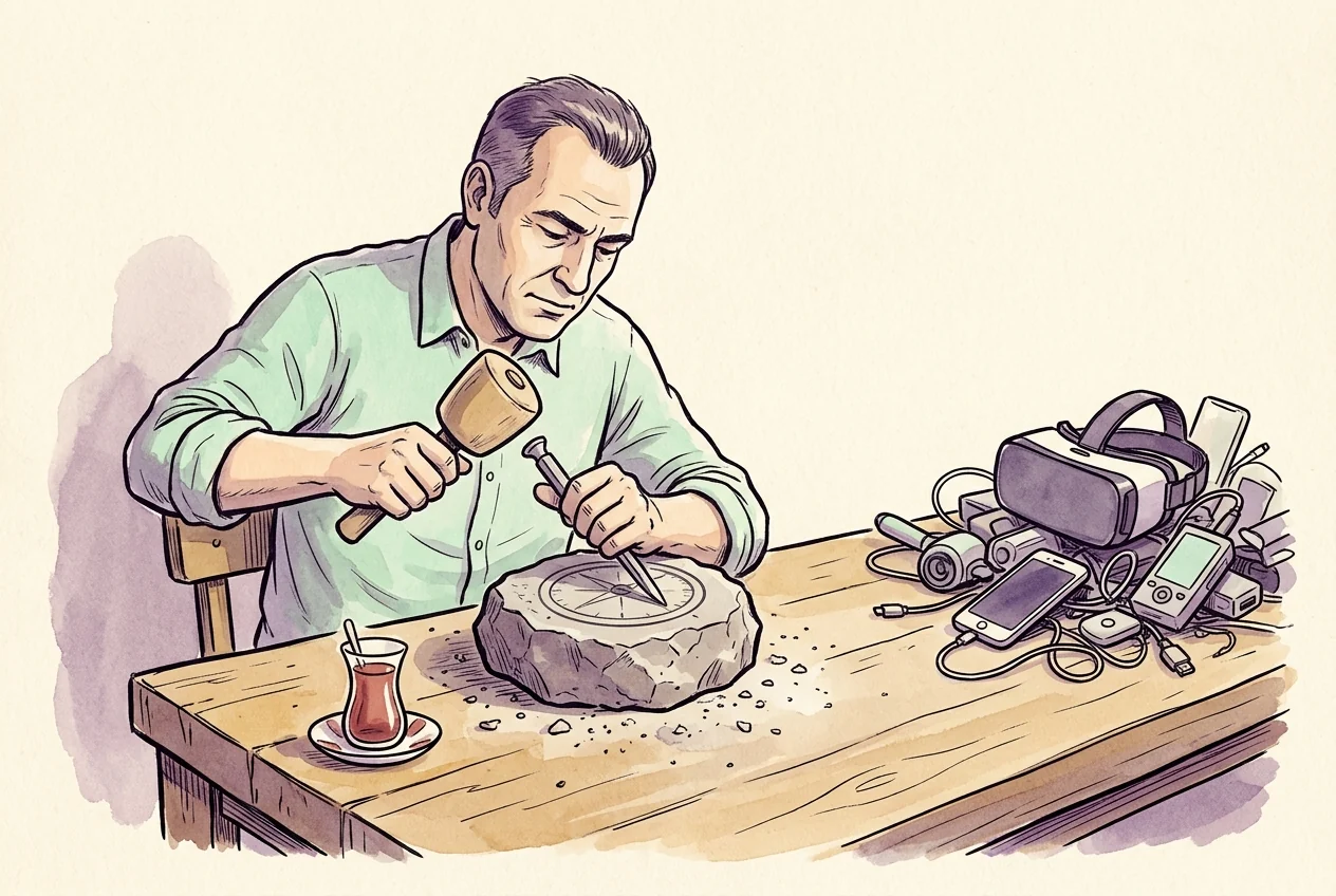 Kişisel stratejiyi ve sağlam disiplini pusula yapma benzetmesiyle anlatan karikatür.