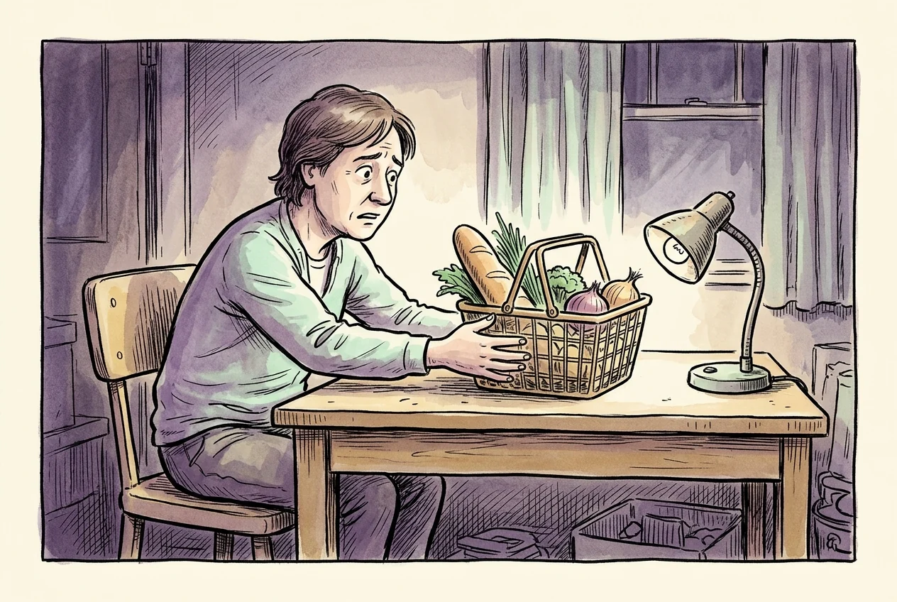 Temel ihtiyaç bütçesiyle işlem yapmanın yarattığı baskıyı anlatan karikatür.