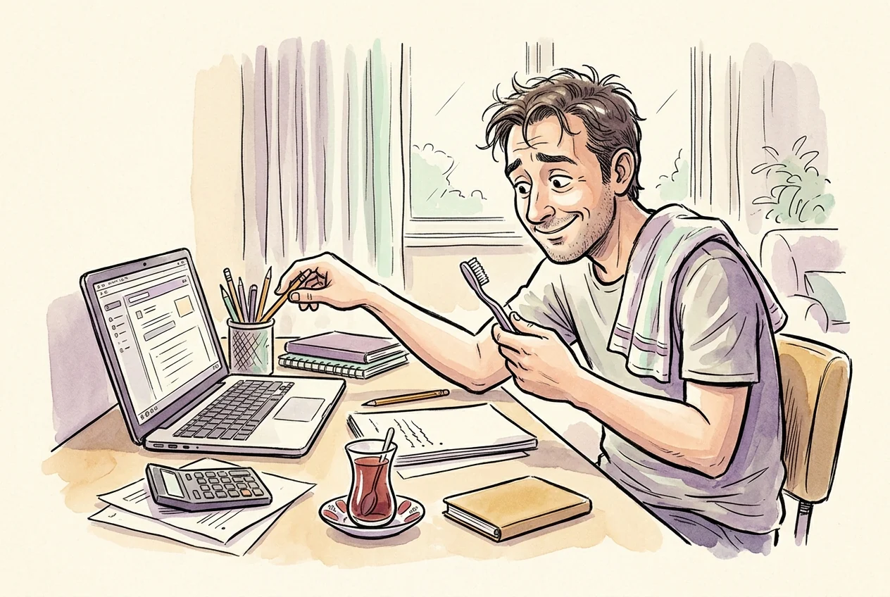 İşlem öncesi hazırlığı diş fırçalama rutiniyle karıştıran yatırımcının karikatürü.
