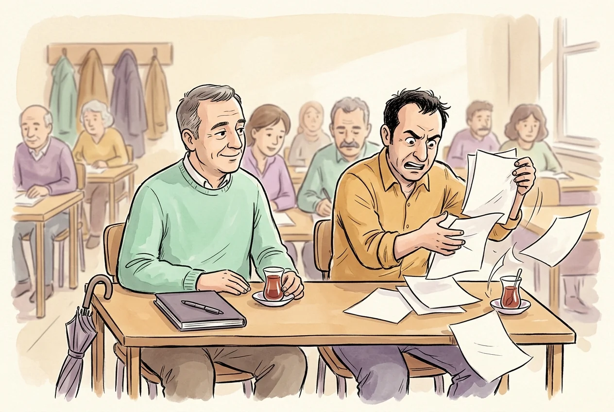 Planlı Sülo ile hazırlıksız Memo'yu karşılaştıran işlem yönetimi karikatürü.
