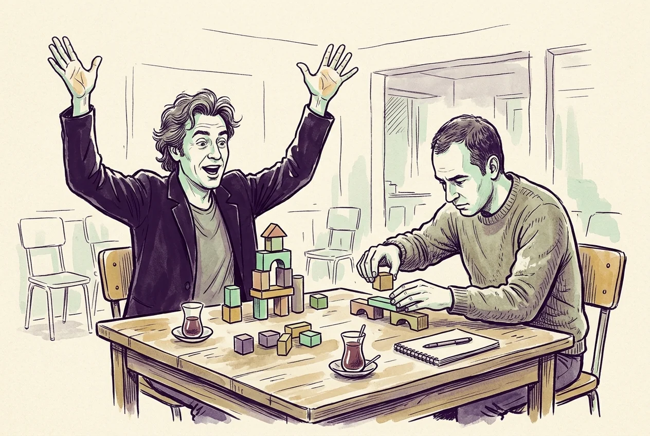 Gösterişli kutlama yerine kontrollü biçimde pozisyon büyütmeyi anlatan karikatür.