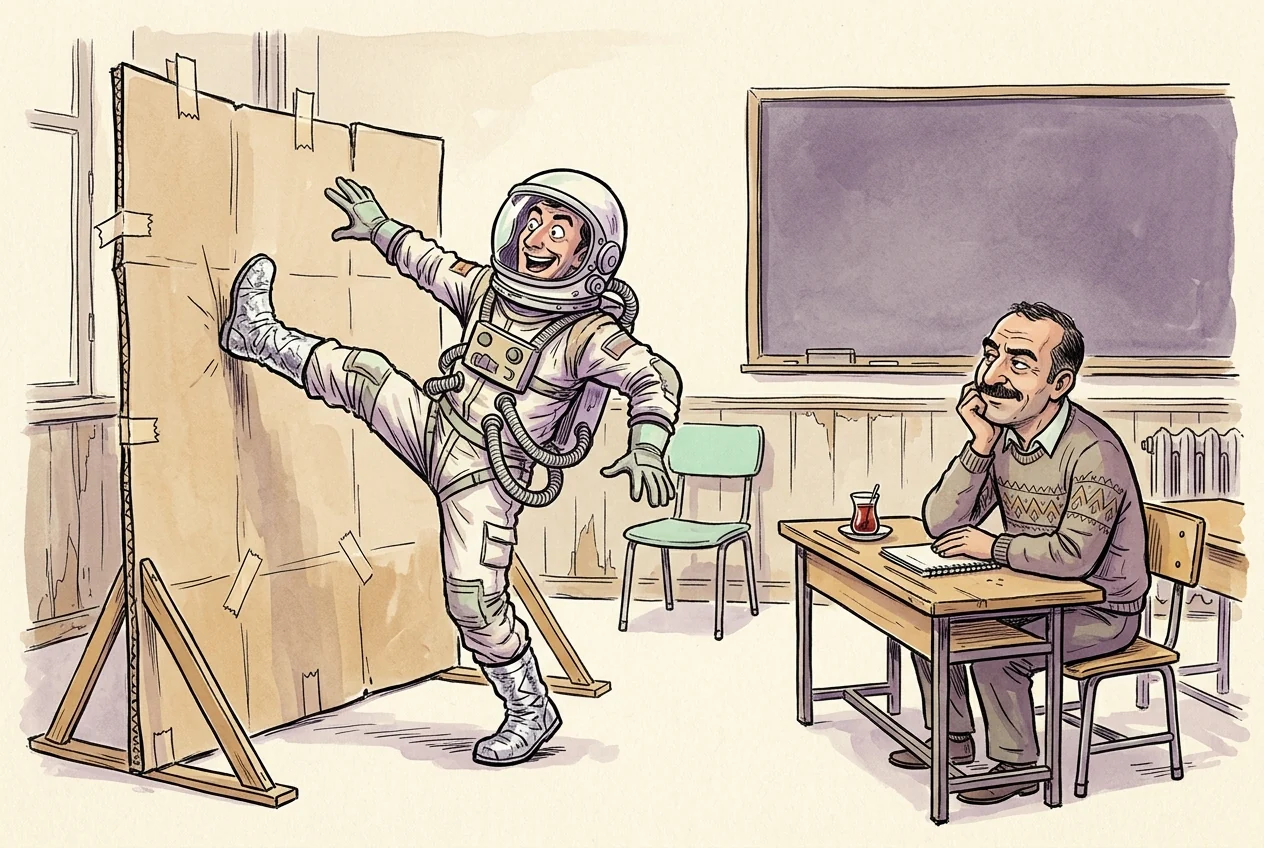 Destek kırılımını eski bilimkurgu filmlerindeki abartılı tekmeyle karşılaştıran özgün karikatür.