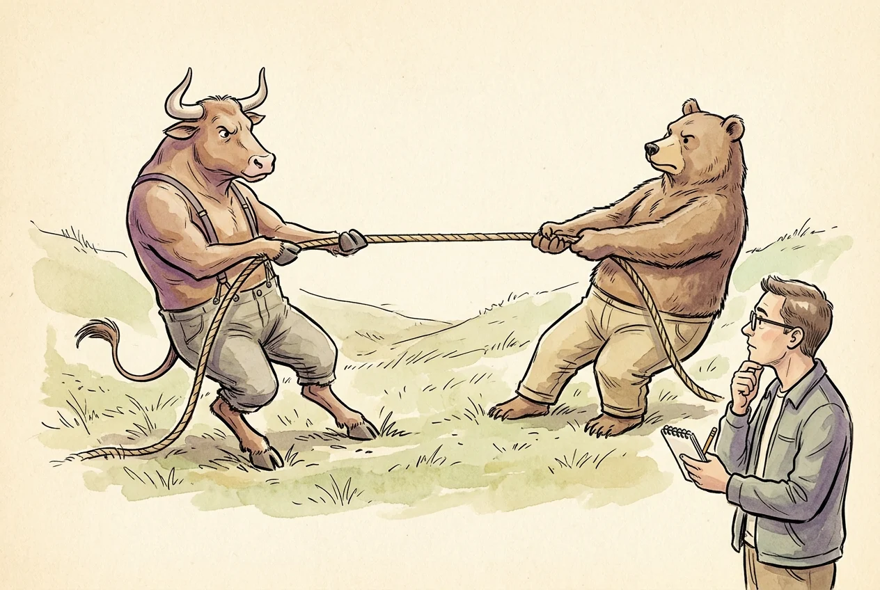 Alım ve satım baskısını halat çeken boğa ve ayıyla anlatan karikatür.