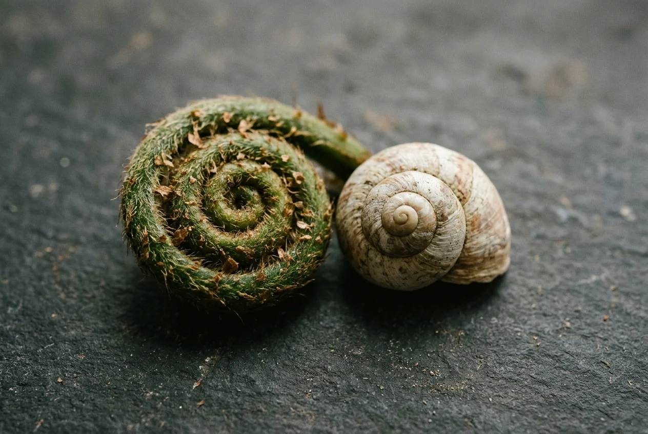 Doğadaki büyüme desenlerini temsil eden eğrelti kıvrımı ve spiral kabuk fotoğrafı.