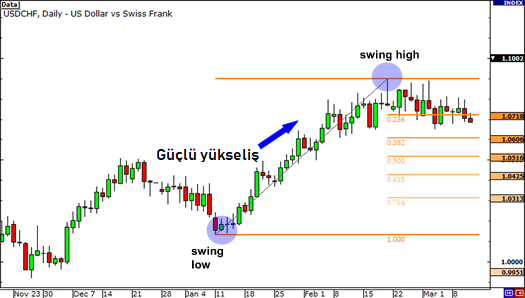 Fibonacci Seviyeleri + Destek ve Dirençler: açıklamalı ders grafiği, örnek 1.