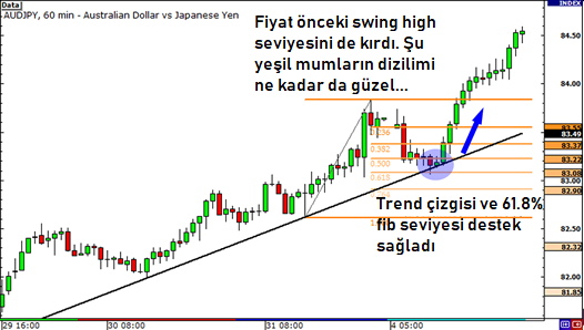 Fibonacci seviyeleri trend çizgileri ile beraber nasıl kullanılır?: açıklamalı ders grafiği, örnek 3.