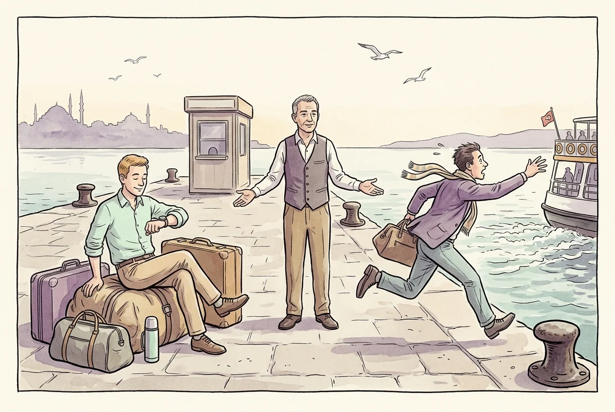 Öncü ve artçı sinyalleri erken gelen yolcu ile tekneyi kaçıran yolcuyla karşılaştıran karikatür.