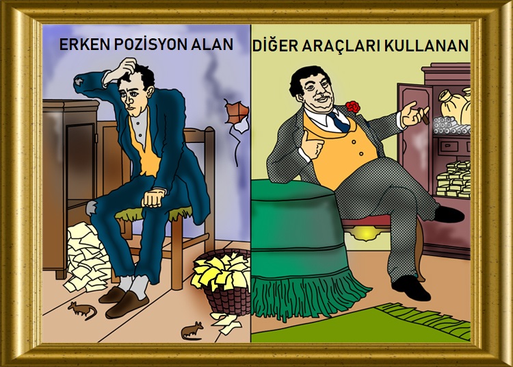 Erken pozisyon alan kişiyle diğer araçları kullanan kişiyi karşılaştıran karikatür.