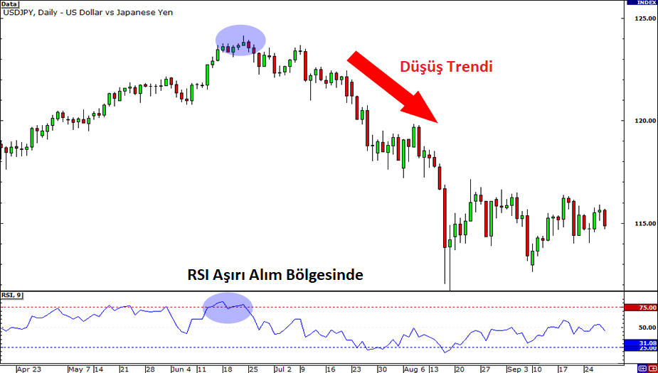 Göreceli Güç Endeksi (RSI): açıklamalı ders grafiği, örnek 4.