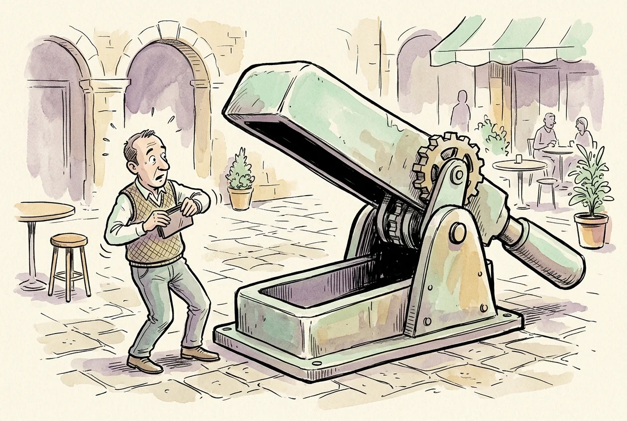 Aşırı kaldıracın hesabı yutma riskini abartılı bir düzenekle anlatan karikatür.
