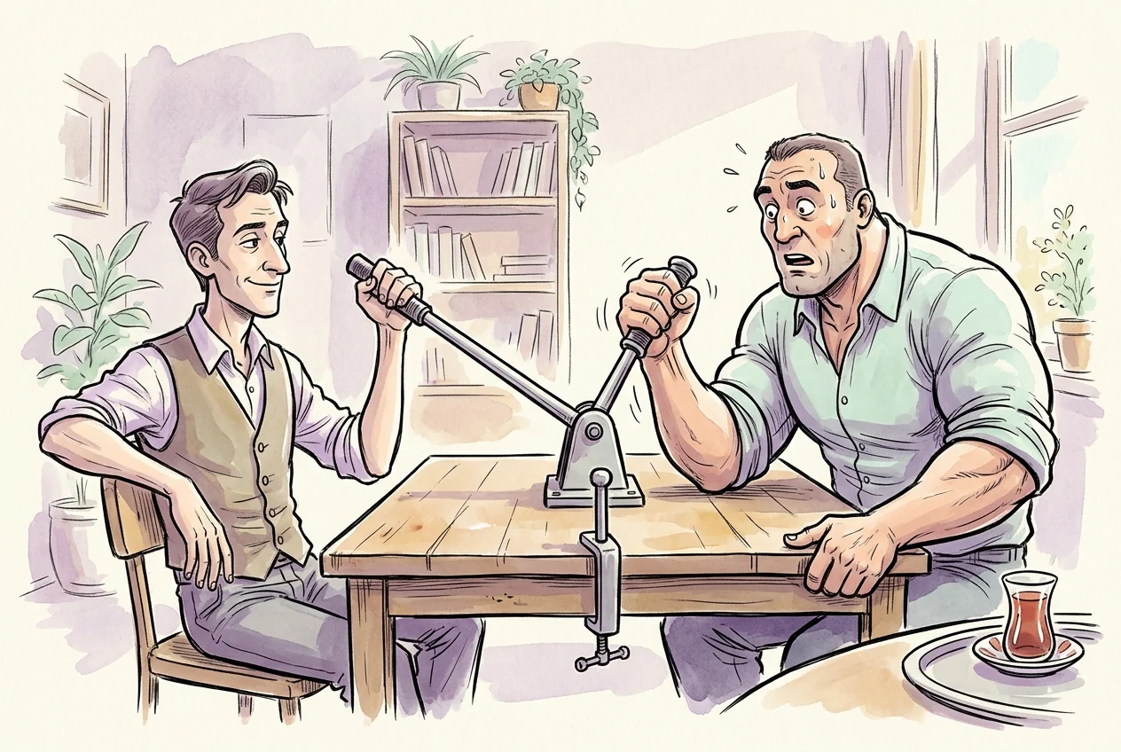 Kaldıraç etkisini güvenli bir bilek güreşi antrenman düzeneğiyle anlatan karikatür.