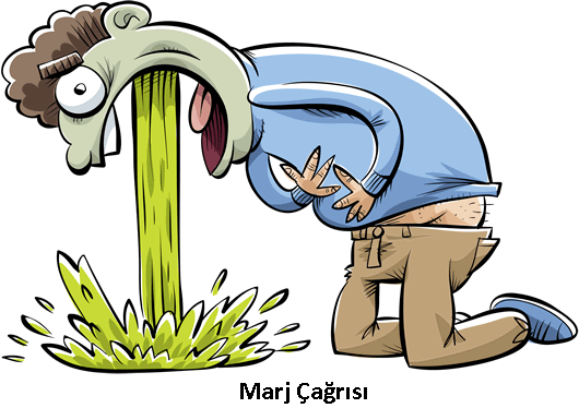 Marj çağrısı dersindeki mizahi karikatür: zorlanan kişi ve marj çağrısı yazısı.