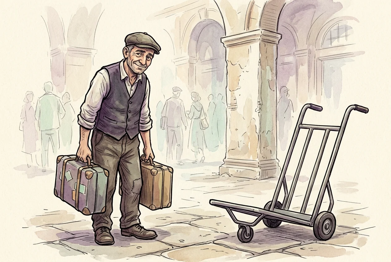 Faiz arbitrajındaki taşıma ticareti ifadesini valiz taşıyan kişiyle anlatan karikatür.
