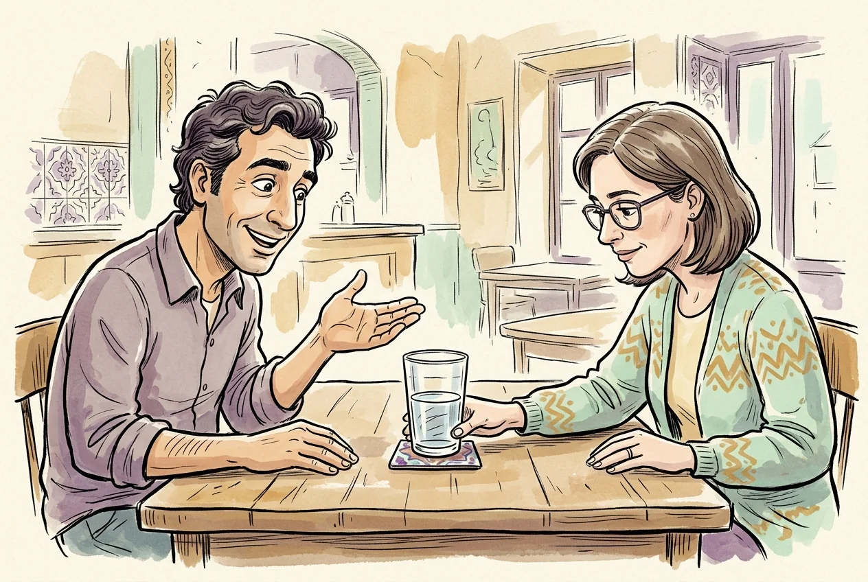 Bardağın dolu tarafını gören iyimser kişiyle faiz arbitrajı beklentisini anlatan karikatür.