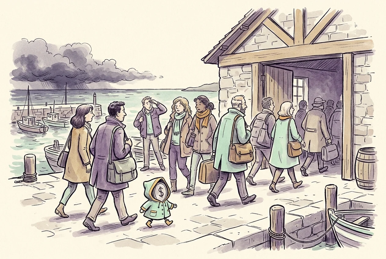 Riskten kaçınma sırasında güvenli limana yönelen doları temsil eden karikatür.