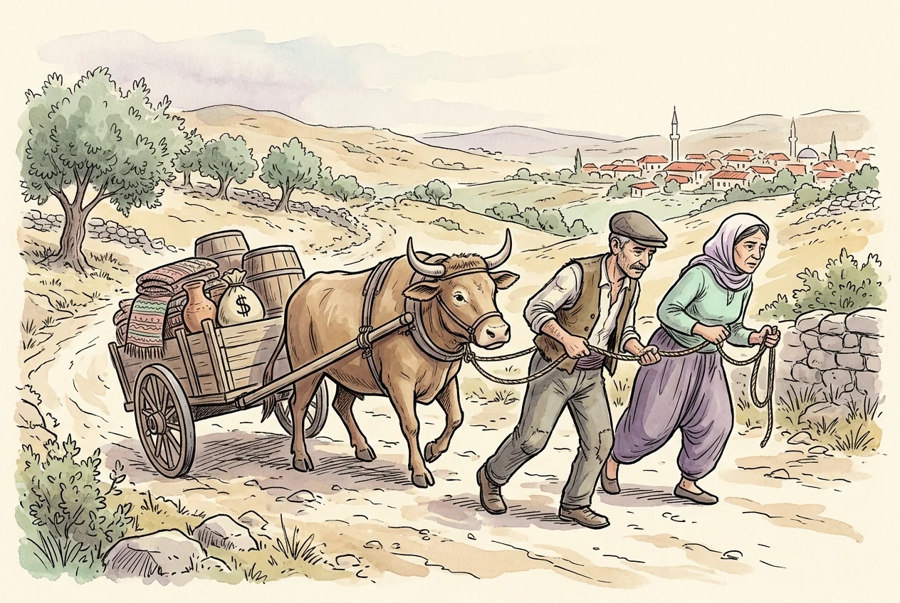 Ekonomik büyüme senaryosunda güçlenen doları üretim arabasını çeken boğayla anlatan karikatür.