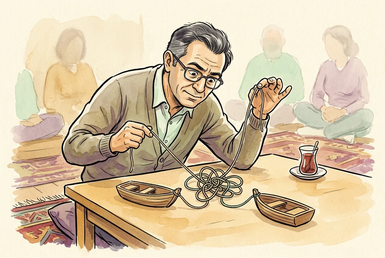 Birbiriyle bağlantılı pozisyonların riskini dolanan oyuncak tekne ipleriyle anlatan karikatür.