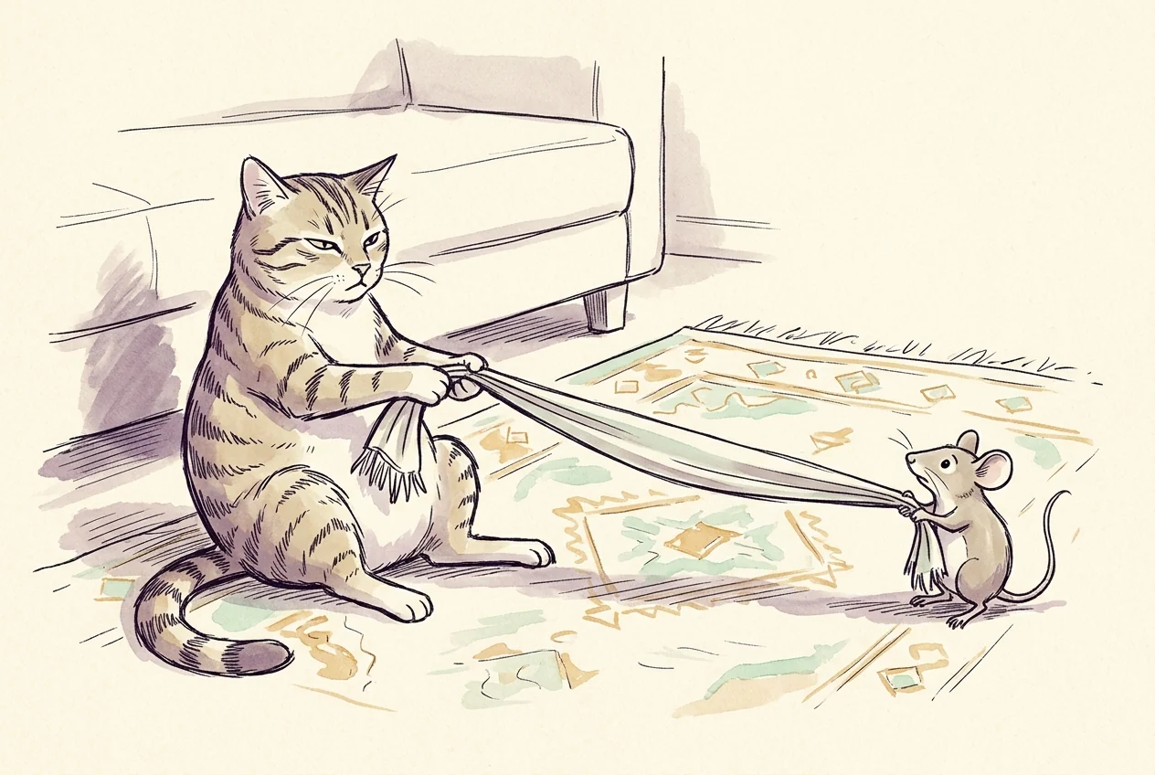 Ters yönlü ilişkiyi karşı yönlere çeken özgün kedi ve fareyle anlatan karikatür.