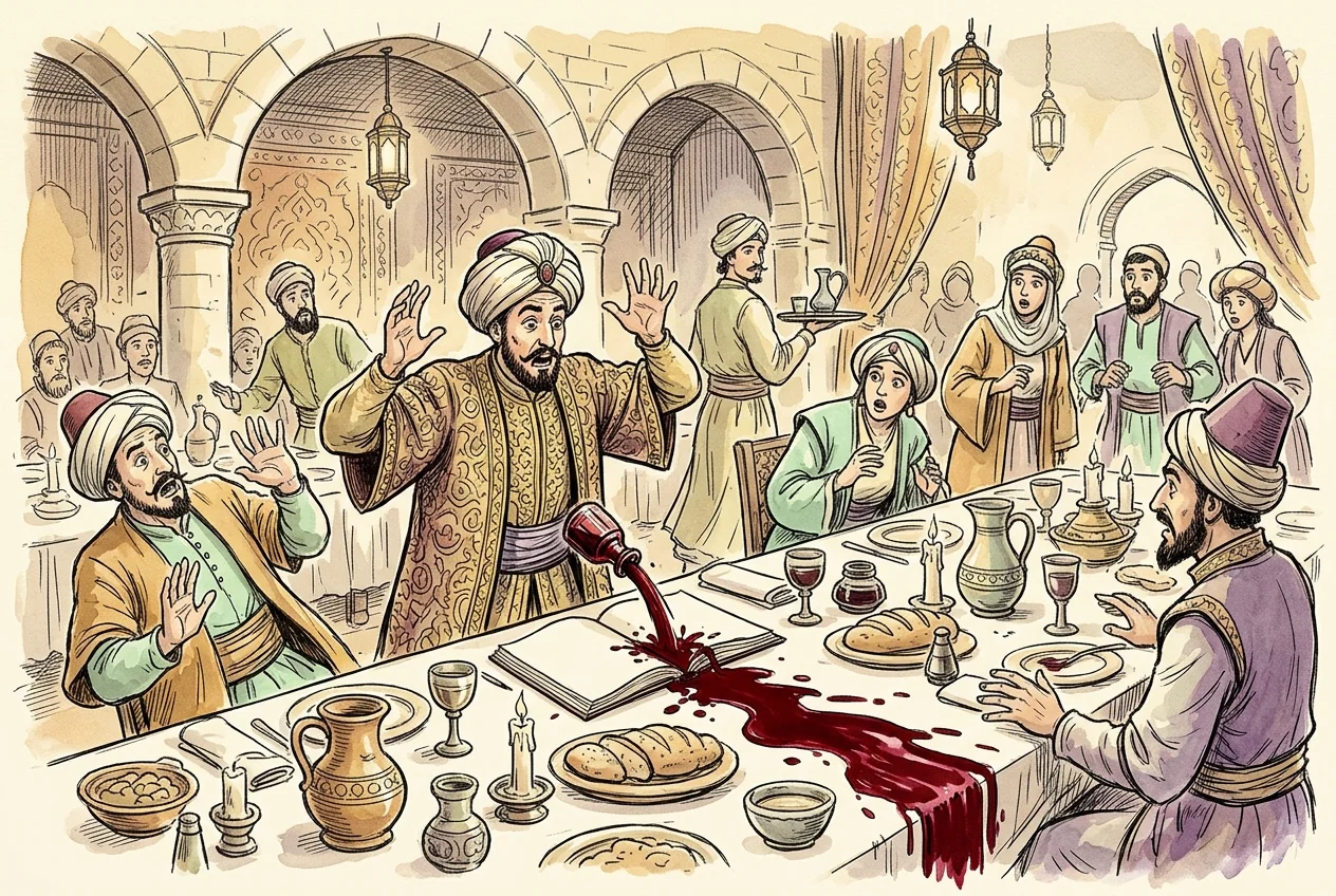 Kontrolsüz riski kırmızı mürekkebe bulanan bir ziyafet defteriyle anlatan karikatür.