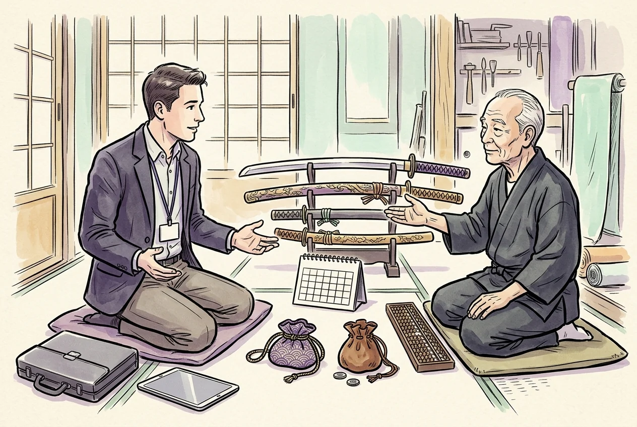 Kur riskini anlatan kurgusal teknoloji şirketi ve Japon kılıç ustası örneğinin karikatürü.