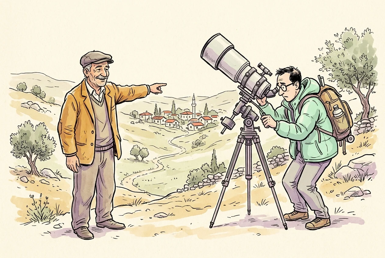 Görünen köyü dev teleskopla inceleyen kişiye gülümseyen köylü; sade yorumlama benzetmesi.