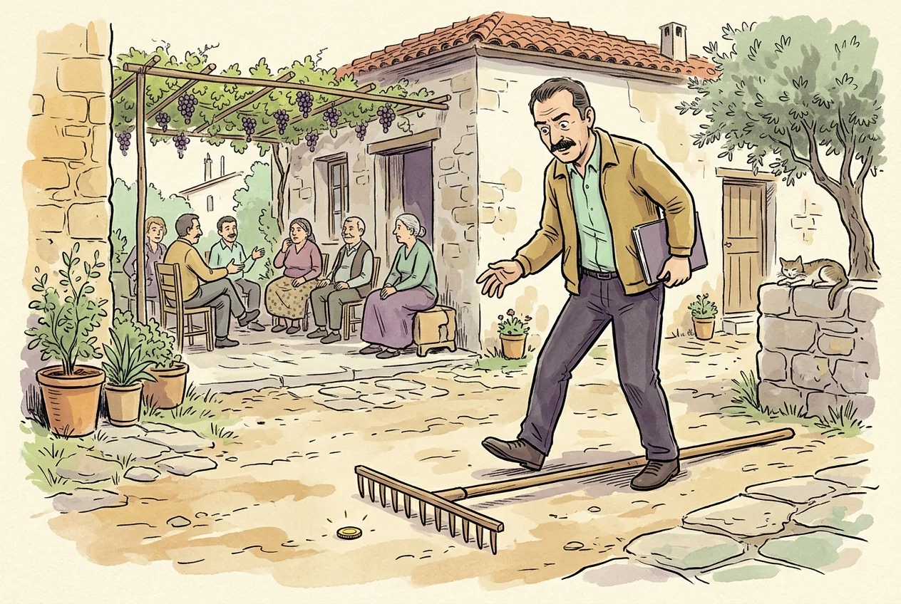 Tuzak düzeltmeyi fark edip yolundaki tırmığa basmadan duran yatırımcı karikatürü.