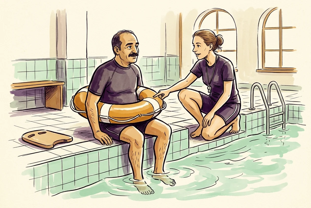 Zarar durdurmayı yüzme simidine benzeten güvenli havuz karikatürü.