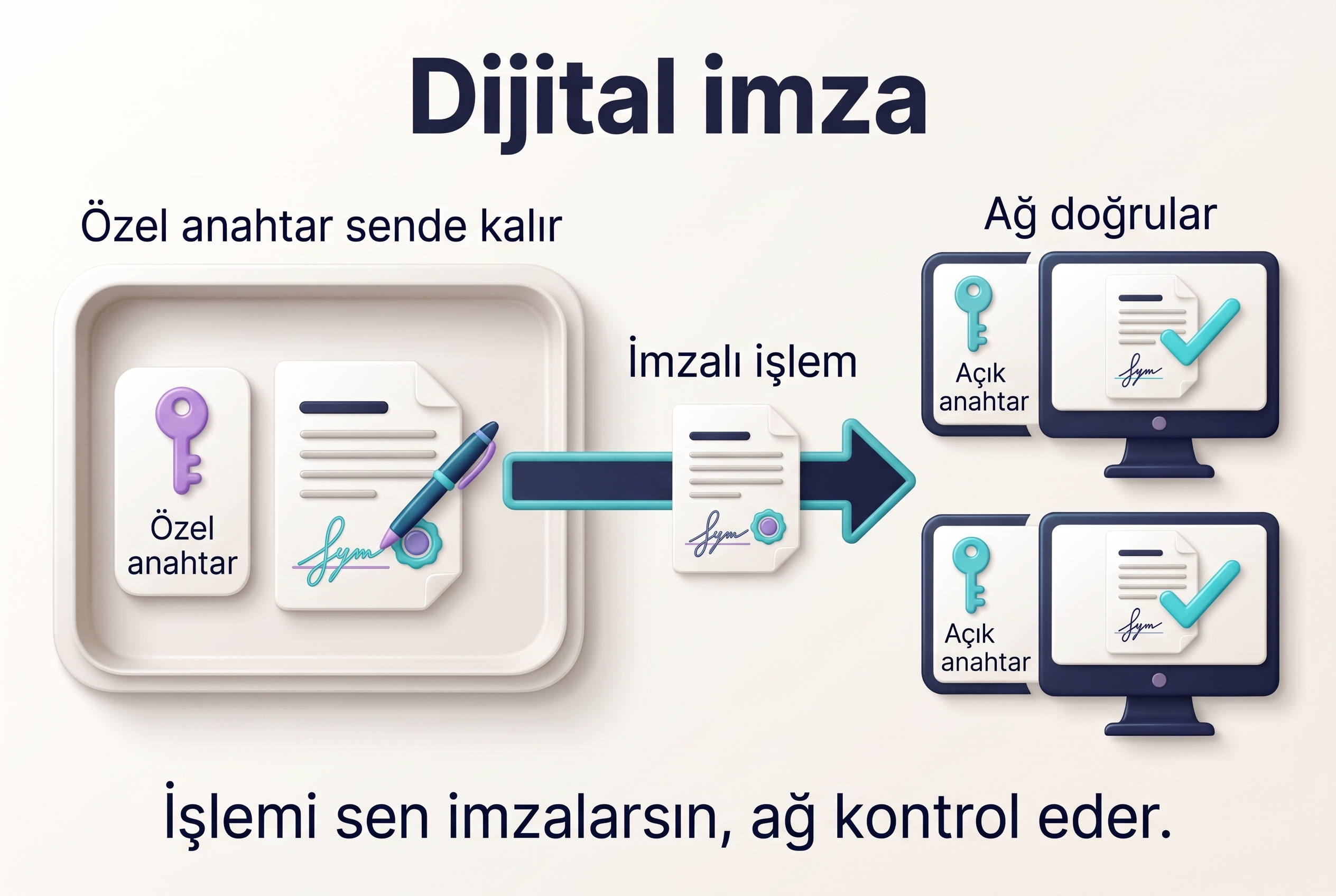 Özel anahtar cüzdanda kalırken imzalı işlemin bağımsız bilgisayarlarda doğrulanması.