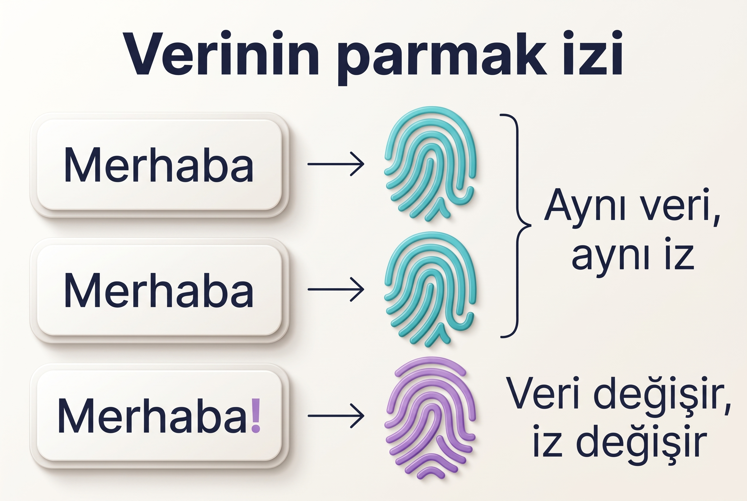Aynı verinin aynı parmak izini vermesi, küçük bir değişikliğin farklı bir iz oluşturması.