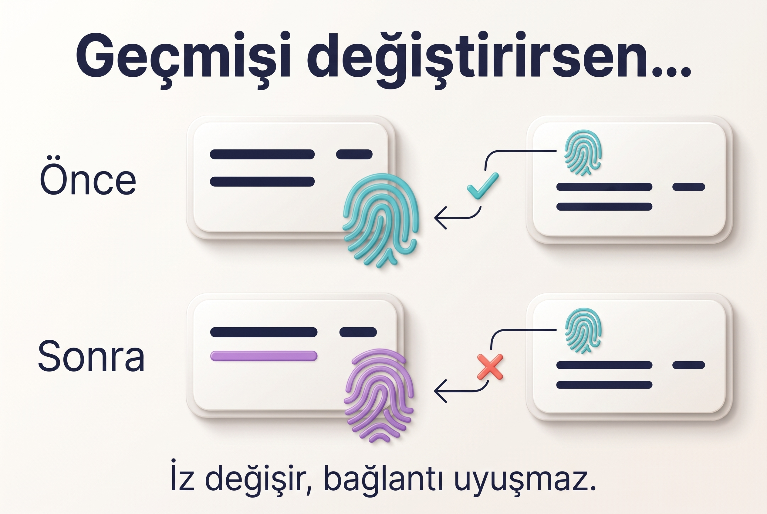 Eski bir kaydın değişmesiyle parmak izinin değişmesi ve sonraki bloğun eski referansıyla uyuşmaması.