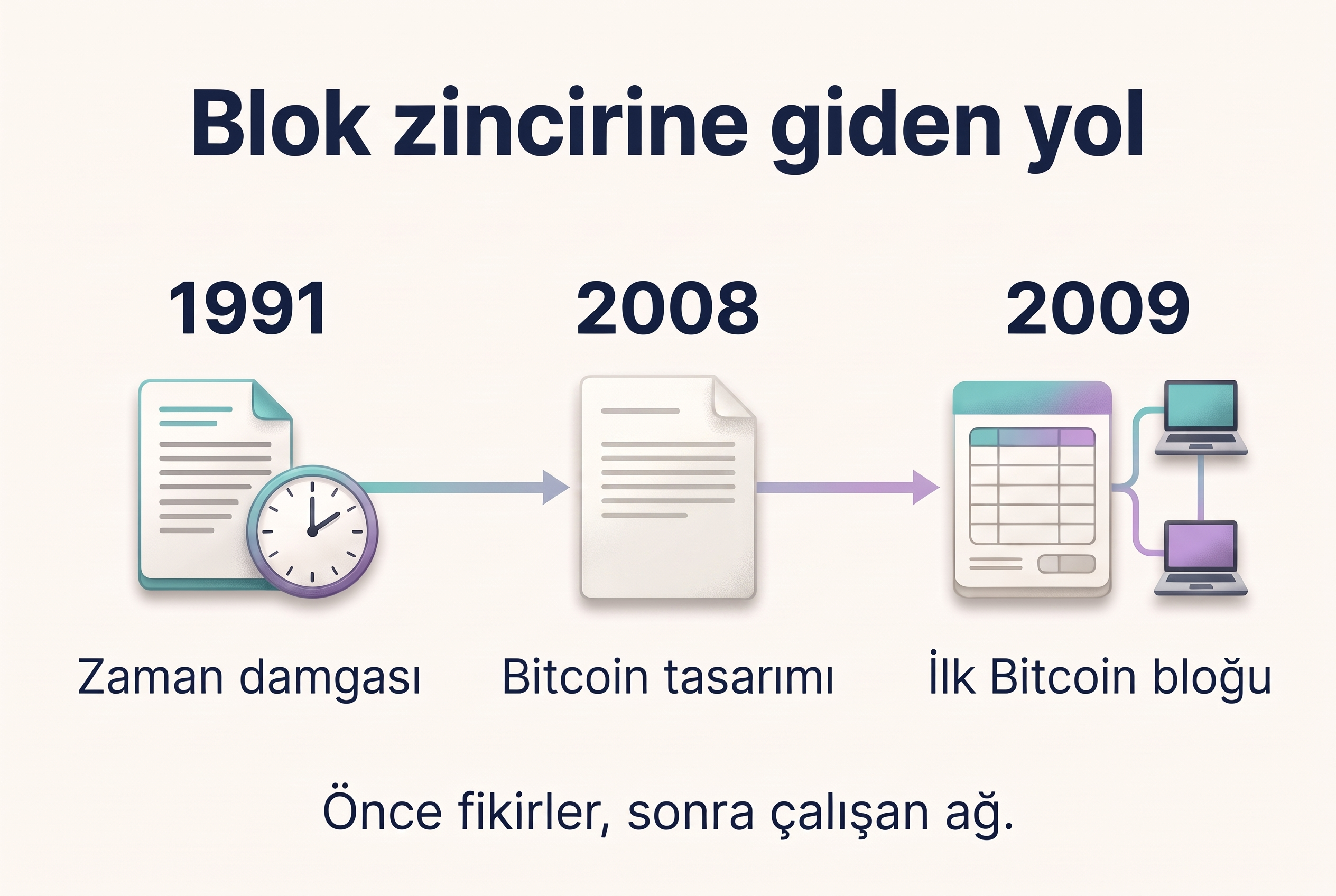 1991 zaman damgası çalışmalarından 2008 Bitcoin tasarımına ve 2009 ilk bloğuna uzanan süreç.