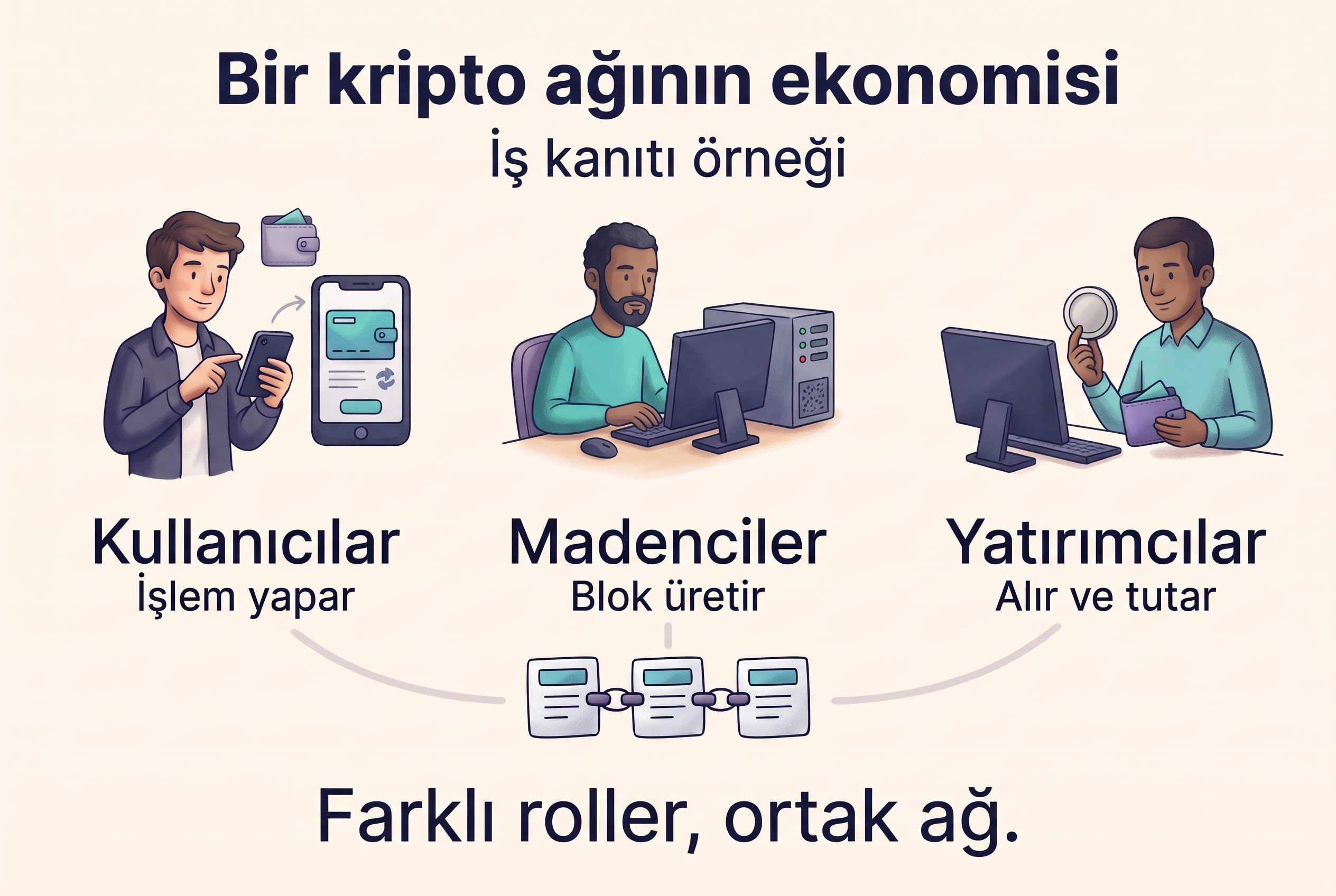 İş kanıtı örneğinde işlem yapan kullanıcılar, blok üreten madenciler ve varlık alan yatırımcılar.