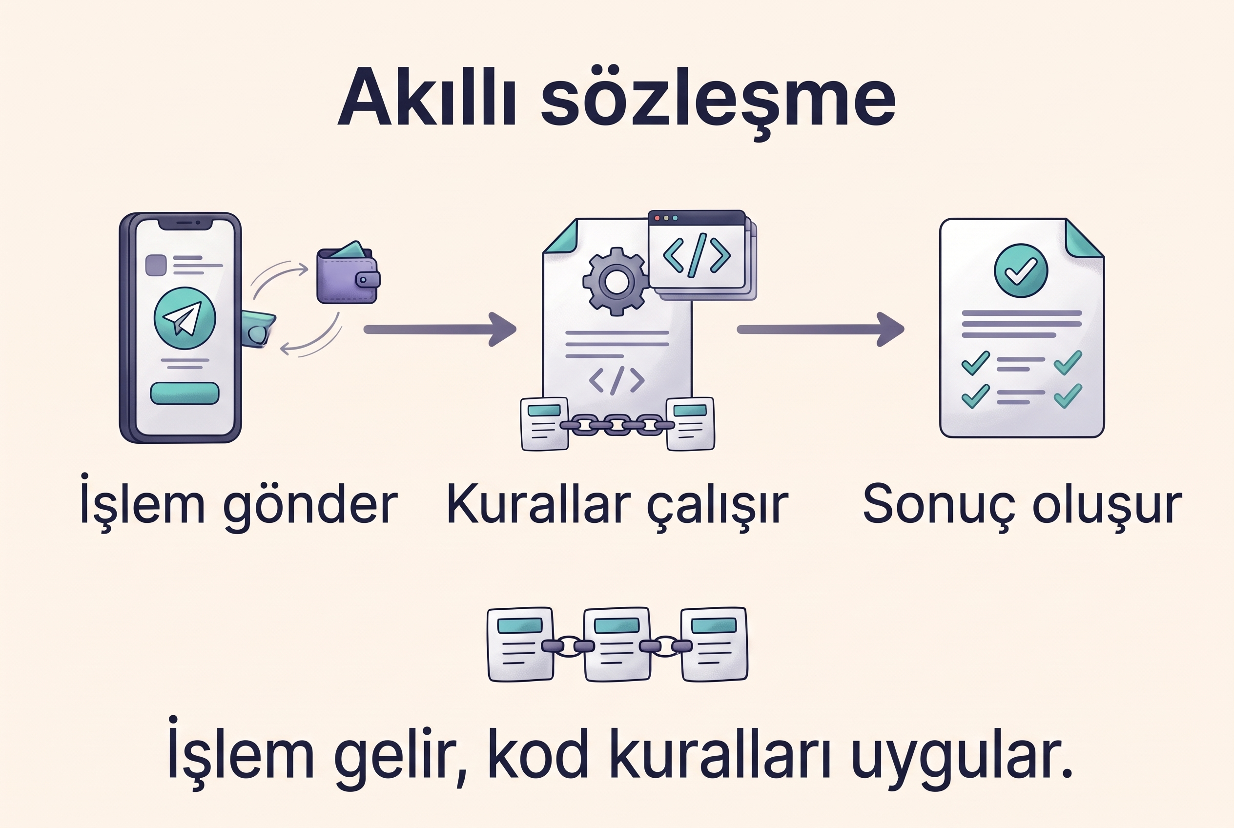 Gönderilen işlemin akıllı sözleşme kodunu tetiklemesi ve kuralların uygulanmasıyla sonuç oluşması.