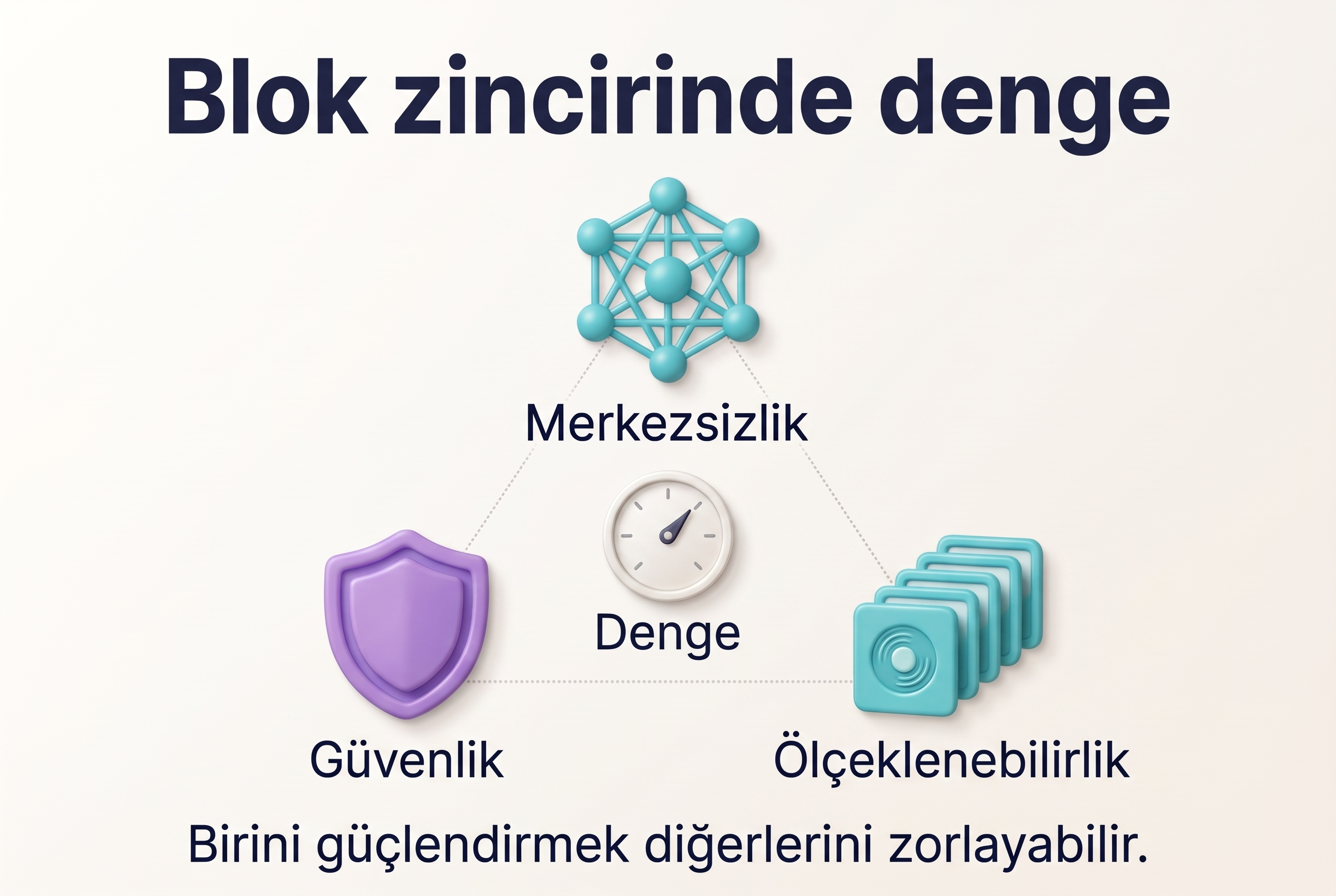 Merkezsizlik, güvenlik ve ölçeklenebilirlik arasındaki tasarım dengesinin gösterilmesi.