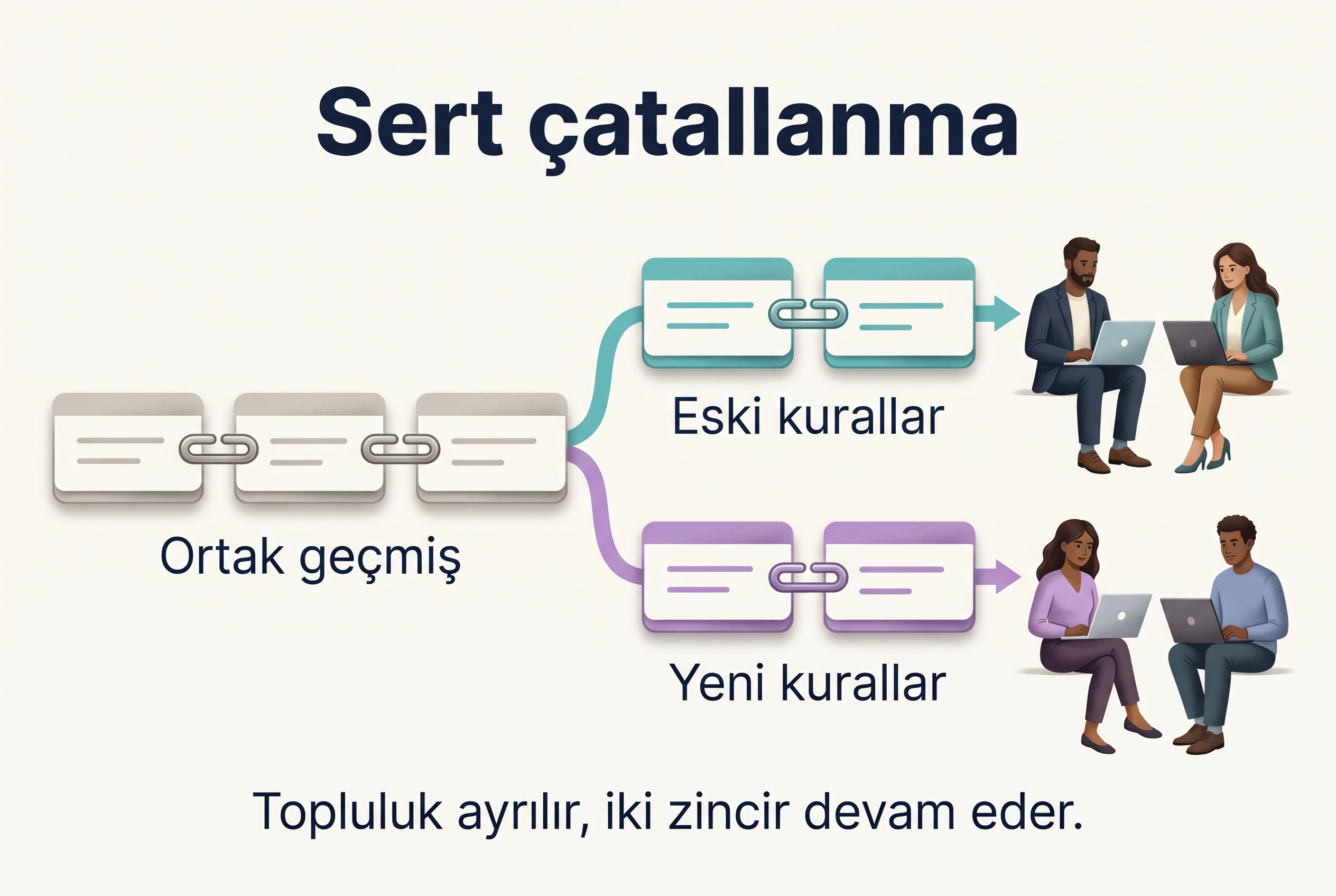 Ortak blok geçmişinden ayrılan, farklı konsensüs kurallarını izleyen iki düğüm topluluğunun sürdürdüğü hard fork şeması.