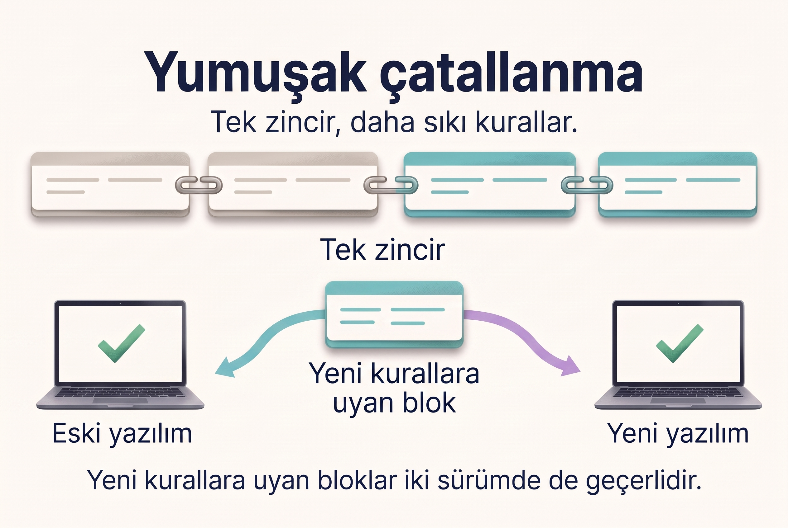 Daha sıkı kurallara uyan yeni blokların eski ve yeni yazılım tarafından geçerli bulunması.