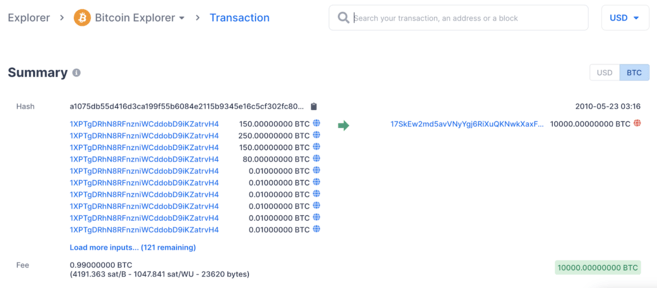 Bitcoin blok gezgininde bir işlemin giriş ve çıkışlarını gösteren ekran.